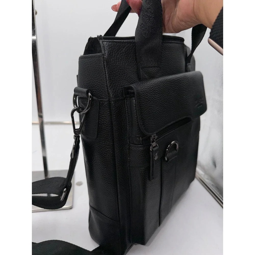 Cheer Soul Black Pebbled Leather Messenger Bag Crossbody Multi Pocket Travel Bag